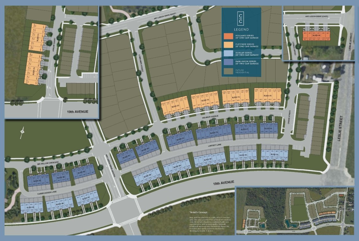 Camden Crossing A detailed site map of Camden Crossing shows various residential plots, color-coded in blue and orange. It includes street labels such as 19th Avenue and Earle Street, as well as a legend indicating the types of homes and amenities. Insets display zoomed-in views of certain areas.