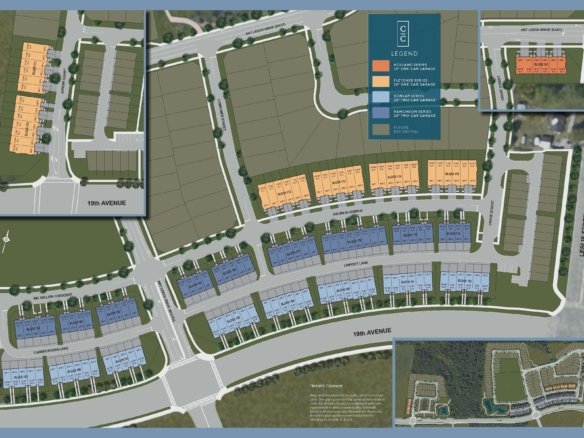 Camden Crossing A detailed site map of Camden Crossing shows various residential plots, color-coded in blue and orange. It includes street labels such as 19th Avenue and Earle Street, as well as a legend indicating the types of homes and amenities. Insets display zoomed-in views of certain areas.