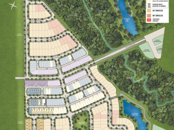 Unionville Upper East HomesAn illustrated site plan of a housing development in Unionville resembles the charm of the Upper East Side. It features plotted areas for various housing types, greenery, ponds, and natural surroundings. A legend indicates different house models and sizes. Roads and pathways are laid out for accessibility.