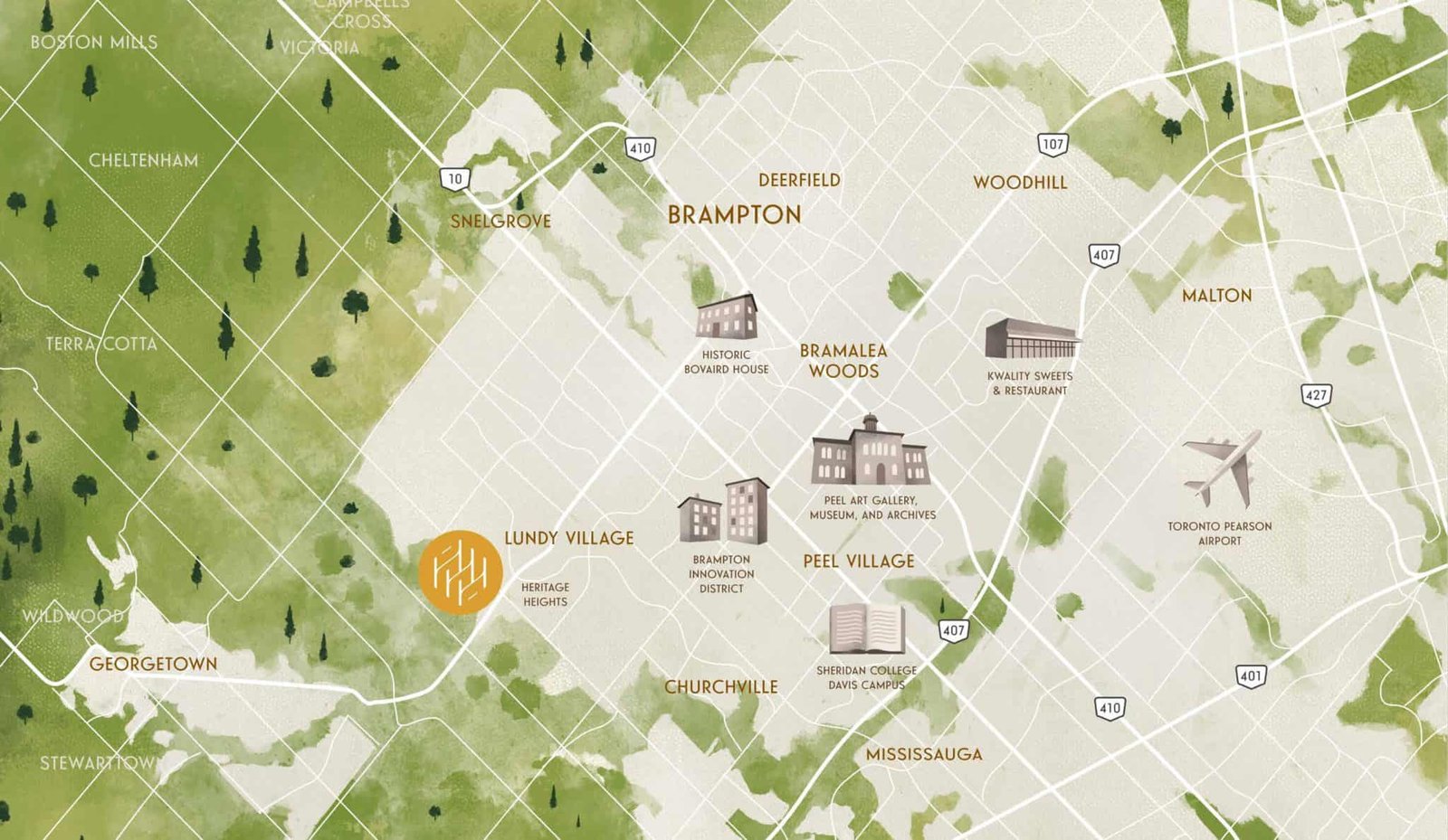 A watercolor-style map highlighting Brampton and nearby areas showcases landmarks such as Bramalea Woods, Peel Art Gallery, and Toronto Pearson Airport. Discover roads and town names like Georgetown, Cheltenham, and Malton along with sites of new condos in the GTA. A watercolor-style map highlighting Brampton and nearby areas showcases landmarks such as Bramalea Woods, Peel Art Gallery, and Toronto Pearson Airport. Discover roads and town names like Georgetown, Cheltenham, and Malton along with sites of new condos in the GTA.