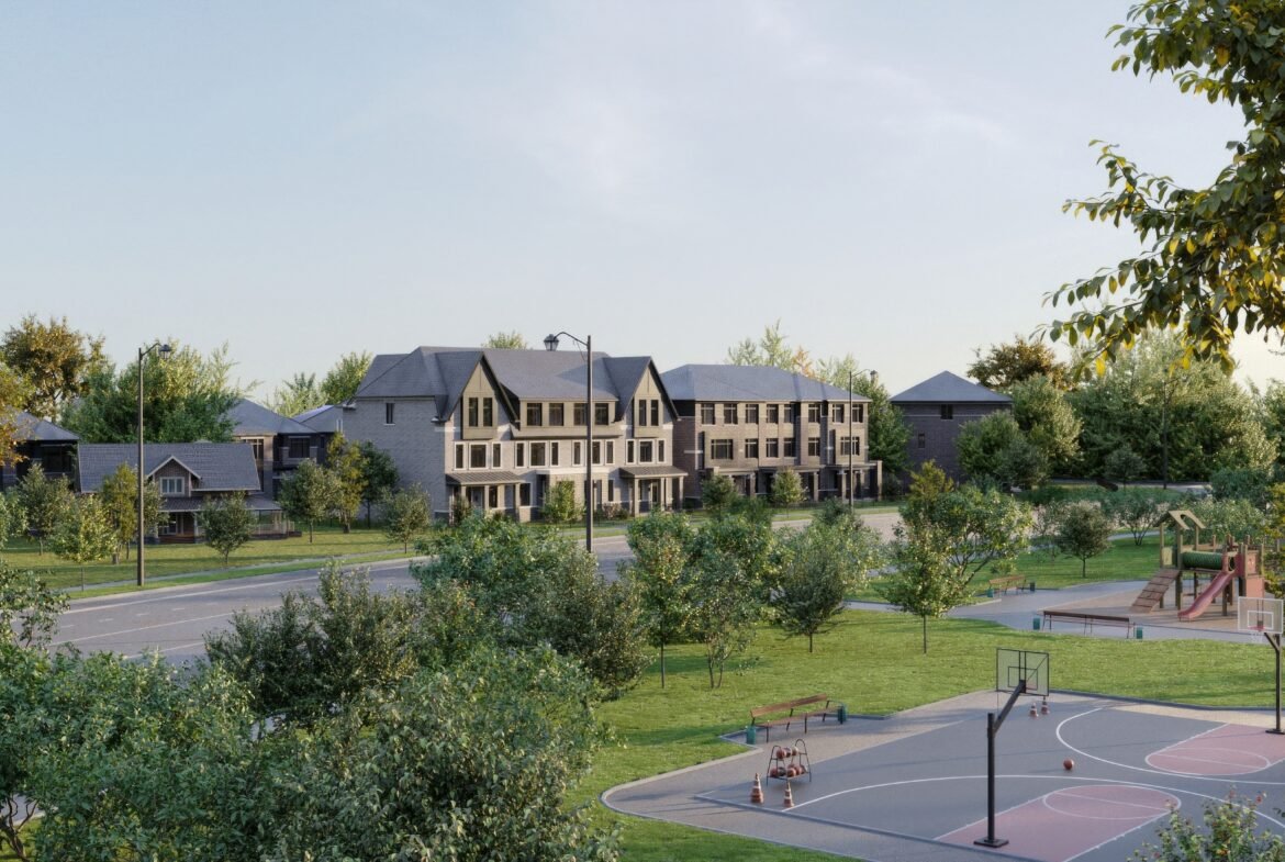 A suburban neighborhood with townhouses in the background, bordered by trees. A park in the foreground features a playground and a basketball court. The scene is peaceful with clear skies, complemented by new homes in GTA adding a modern touch to the serene landscape.