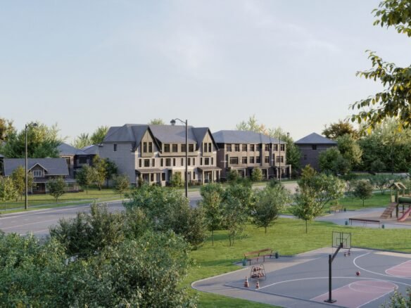 A suburban neighborhood with townhouses in the background, bordered by trees. A park in the foreground features a playground and a basketball court. The scene is peaceful with clear skies, complemented by new homes in GTA adding a modern touch to the serene landscape.