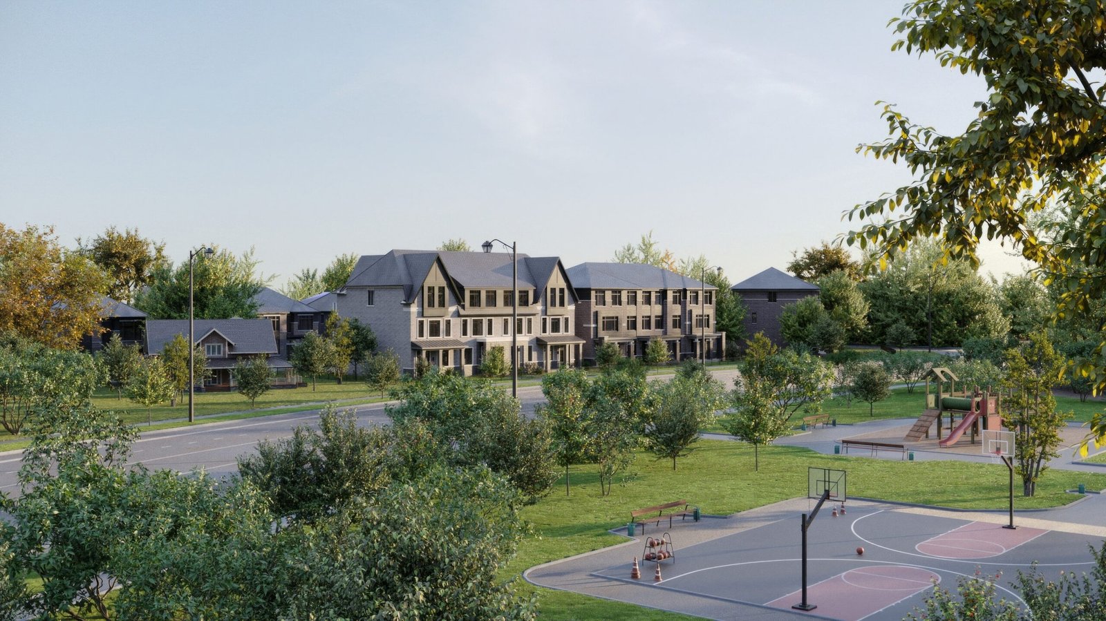 A suburban neighborhood with townhouses in the background, bordered by trees. A park in the foreground features a playground and a basketball court. The scene is peaceful with clear skies, complemented by new homes in GTA adding a modern touch to the serene landscape. A suburban neighborhood with townhouses in the background, bordered by trees. A park in the foreground features a playground and a basketball court. The scene is peaceful with clear skies, complemented by new homes in GTA adding a modern touch to the serene landscape.