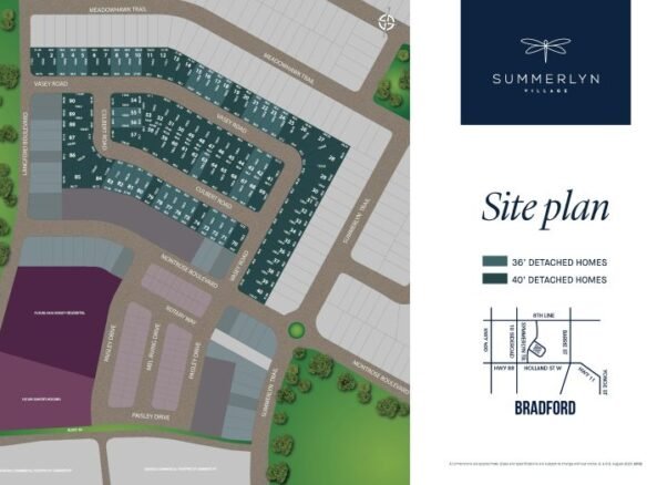 Map of Summerlyn Village site plan, showcasing areas for 36' and 40' detached homes. Roads and lot numbers are displayed. A small inset map highlights its proximity to Bradford, offering a glimpse into pre-construction new homes in the GTA by SG Homes.
