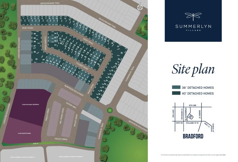 Map of Summerlyn Village site plan, showcasing areas for 36' and 40' detached homes. Roads and lot numbers are displayed. A small inset map highlights its proximity to Bradford, offering a glimpse into pre-construction new homes in the GTA by SG Homes.