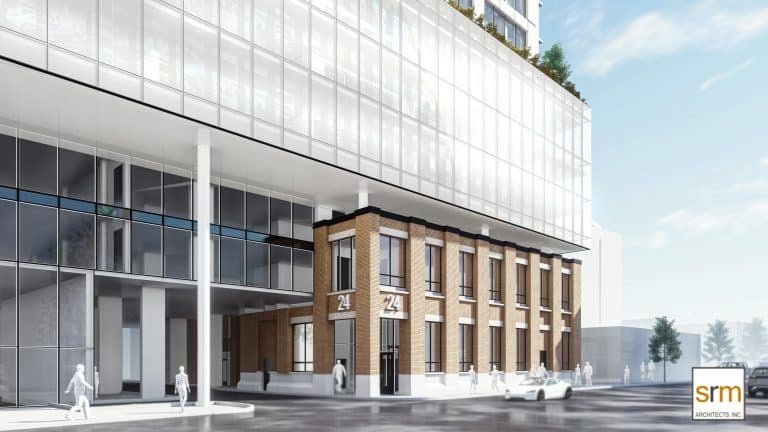 A modern architectural rendering of a building with a blend of glass and brick exterior. The lower floors feature brickwork with large numbers “24” visible, while the upper glass floors showcase the latest in pre-construction homes. Pedestrians and a car are on the street in front. A modern architectural rendering of a building with a blend of glass and brick exterior. The lower floors feature brickwork with large numbers "24" visible, while the upper glass floors showcase the latest in pre-construction homes. Pedestrians and a car are on the street in front.