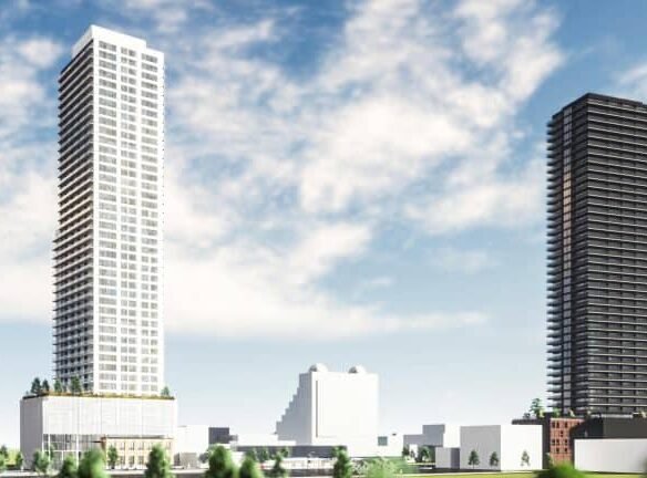 Digital rendering of two tall skyscrapers against a blue sky with scattered clouds. The buildings, reminiscent of new condos, feature modern designs—one with a white facade and the other darker. Trees and smaller structures surround the towers, evoking the dynamic growth of pre-construction homes in urban areas.