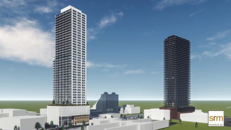 Rendering of a modern cityscape featuring two towering skyscrapers against a clear blue sky. The left building is white with geometric design, while the right building is darker. Pre-construction homes and smaller structures surround the base. Logo of “srm” in the bottom right corner. Rendering of a modern cityscape featuring two towering skyscrapers against a clear blue sky. The left building is white with geometric design, while the right building is darker. Pre-construction homes and smaller structures surround the base. Logo of "srm" in the bottom right corner.