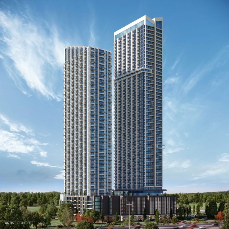 Artist rendering of two modern high-rise buildings against a blue sky with scattered clouds. These sleek towers, representing new homes in GTA, are surrounded by lush greenery and trees at their base, offering a glimpse into the future of urban living.