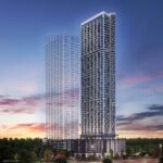 An artist's concept of a modern high-rise building against a sunset sky showcases sleek, towering lines and numerous windows set above a darker, multi-story base. Surrounded by trees and greenery, this marvel offers a glimpse into the new homes of tomorrow in the GTA.