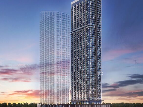 An artist's concept of a modern high-rise building against a sunset sky showcases sleek, towering lines and numerous windows set above a darker, multi-story base. Surrounded by trees and greenery, this marvel offers a glimpse into the new homes of tomorrow in the GTA.