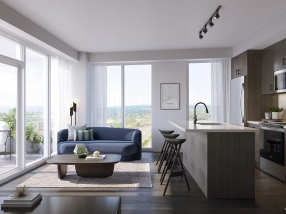 Step into this spacious modern living room and kitchen area, featuring large windows, a blue sofa, light wood floors, and contemporary furnishings. Through the glass doors lies a balcony with outdoor seating and a scenic view—an ideal complement to these new condos in the GTA.