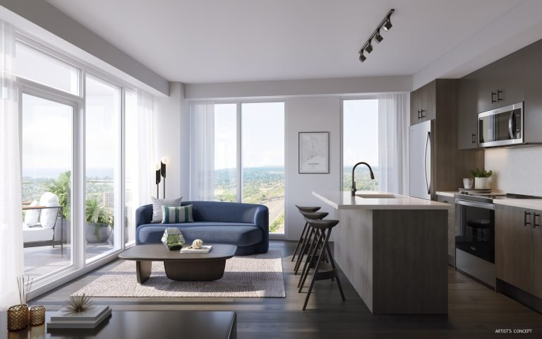 Step into this spacious modern living room and kitchen area, featuring large windows, a blue sofa, light wood floors, and contemporary furnishings. Through the glass doors lies a balcony with outdoor seating and a scenic view—an ideal complement to these new condos in the GTA.
