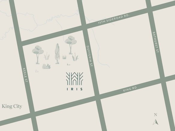 A simplified map featuring a green grid with labeled streets: Keele St, Dufferin St, Bathurst St, 15th Sideroad Rd, and King Rd. An "IRIS Estates" logo, with stylized trees, marks a location on Dufferin St. A small "King City" label is in the bottom left corner.