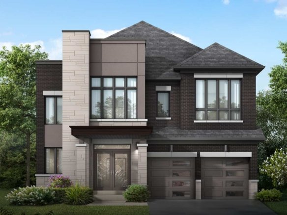 Unionville Upper East Side homes, Fieldgate Homes Unionville, luxury townhomes in Markham, pre-construction homes in Unionville, invest in Markham real estate, Unionville community amenities, best neighborhoods in Markham, family-friendly living in Unionville, exclusive incentives for new homes, serene living in Unionville, quality schools in Unionville, outdoor recreation in Markham, modern homes near Toronto, Unionville real estate investment, luxury living in Markham.A modern two-story house with a mix of dark brick and light stone exterior. It features large windows, a double garage with gray doors, and a lush green lawn with shrubs and trees surrounding the property. Reminiscent of Upper East Side elegance, the sky is clear with a few clouds floating by.