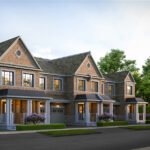 A row of modern, two-story brick townhouses with gabled roofs and dormer windows showcases the elegance of new homes in GTA. Each house features a white front porch and manicured shrubbery. The street is empty, under a clear sky with soft lighting, embodying the appeal of Sg Homes.
