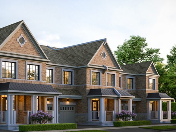 A row of modern, two-story brick townhouses with gabled roofs and dormer windows showcases the elegance of new homes in GTA. Each house features a white front porch and manicured shrubbery. The street is empty, under a clear sky with soft lighting, embodying the appeal of Sg Homes.