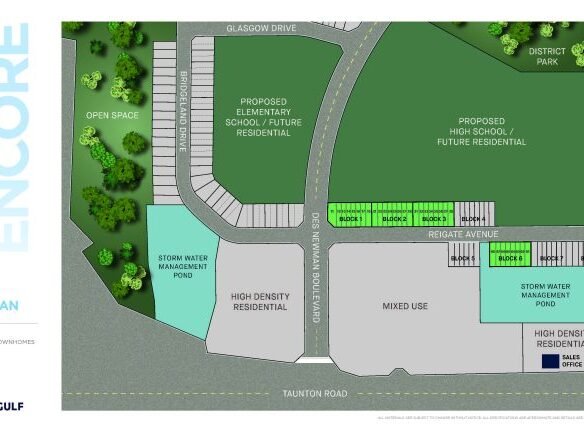 The site plan for "Encore - Great Gulf Whitby Meadows" features proposed residential spaces, schools, mixed-use areas, stormwater management ponds, parking, and a district park. With new homes in GTA emerging here, roads include Glassow Drive, Regatta Avenue, and Taunton Road.