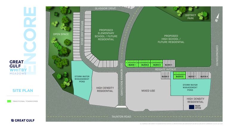 The site plan for “Encore – Great Gulf Whitby Meadows” features proposed residential spaces, schools, mixed-use areas, stormwater management ponds, parking, and a district park. With new homes in GTA emerging here, roads include Glassow Drive, Regatta Avenue, and Taunton Road. The site plan for "Encore - Great Gulf Whitby Meadows" features proposed residential spaces, schools, mixed-use areas, stormwater management ponds, parking, and a district park. With new homes in GTA emerging here, roads include Glassow Drive, Regatta Avenue, and Taunton Road.
