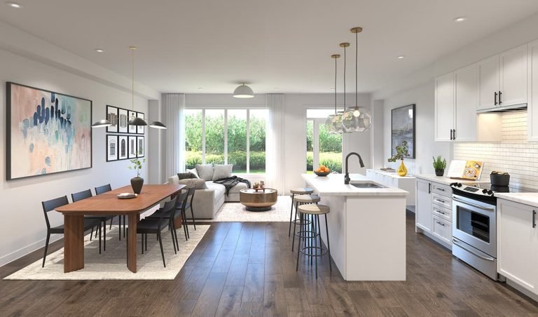 Modern open-concept living and dining area in new condos with hardwood floors. Features a wooden dining table, black chairs, island kitchen with white cabinets, gray sofa, coffee table, and large windows offering a garden view. Artwork and pendant lights enhance the decor. Modern open-concept living and dining area in new condos with hardwood floors. Features a wooden dining table, black chairs, island kitchen with white cabinets, gray sofa, coffee table, and large windows offering a garden view. Artwork and pendant lights enhance the decor.