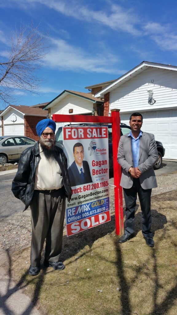 Two men standing in front of a for sale sign.