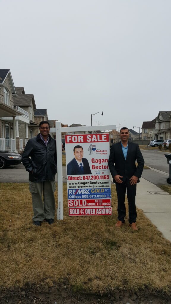 Two men standing in front of a for sale sign.
