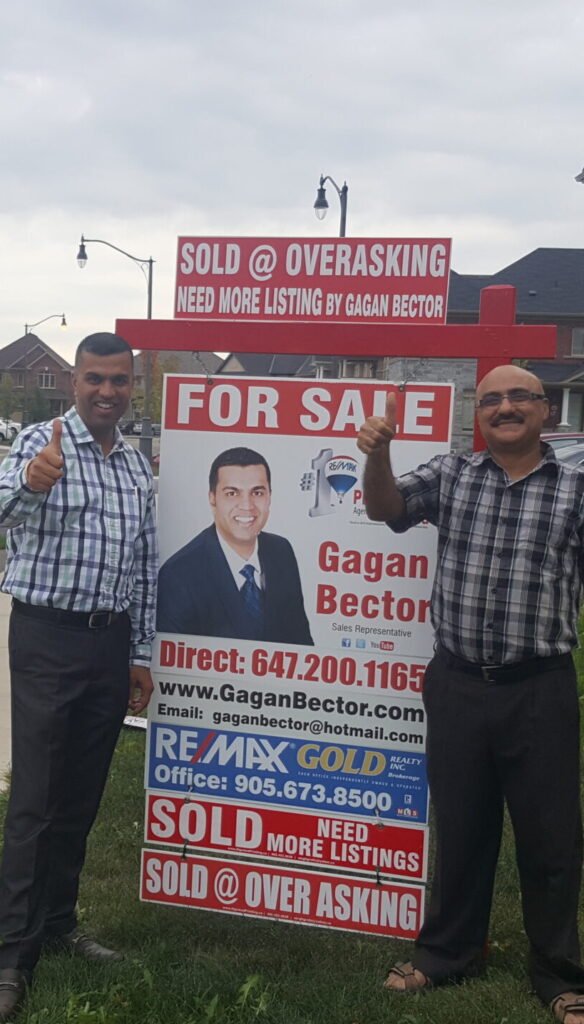 Two men standing in front of a for sale sign.