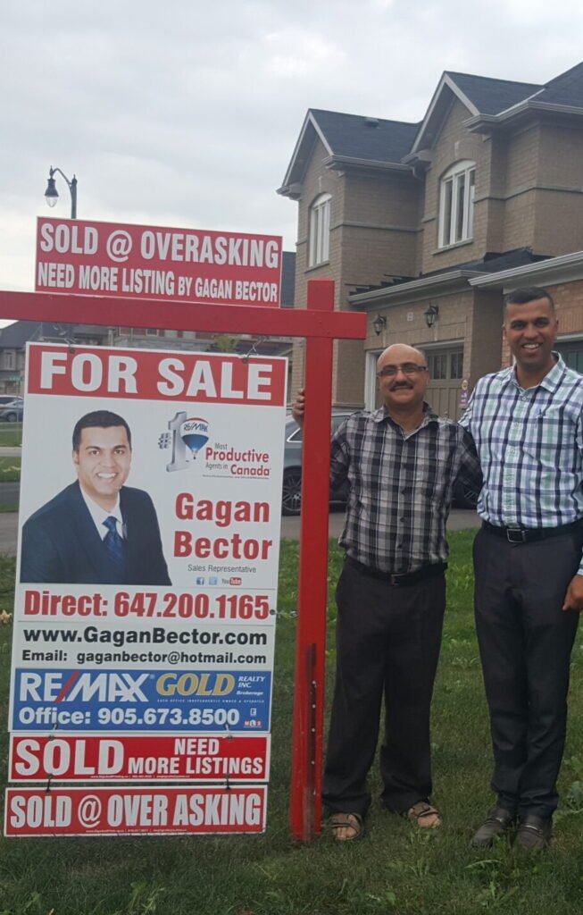 Two men standing in front of a for sale sign.