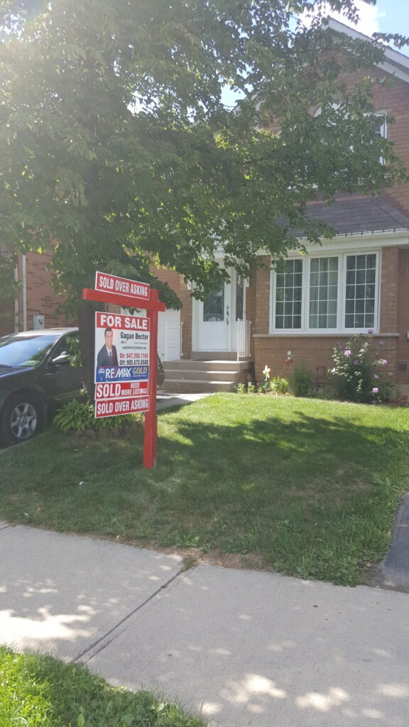 A house with a real estate sign in front of it.