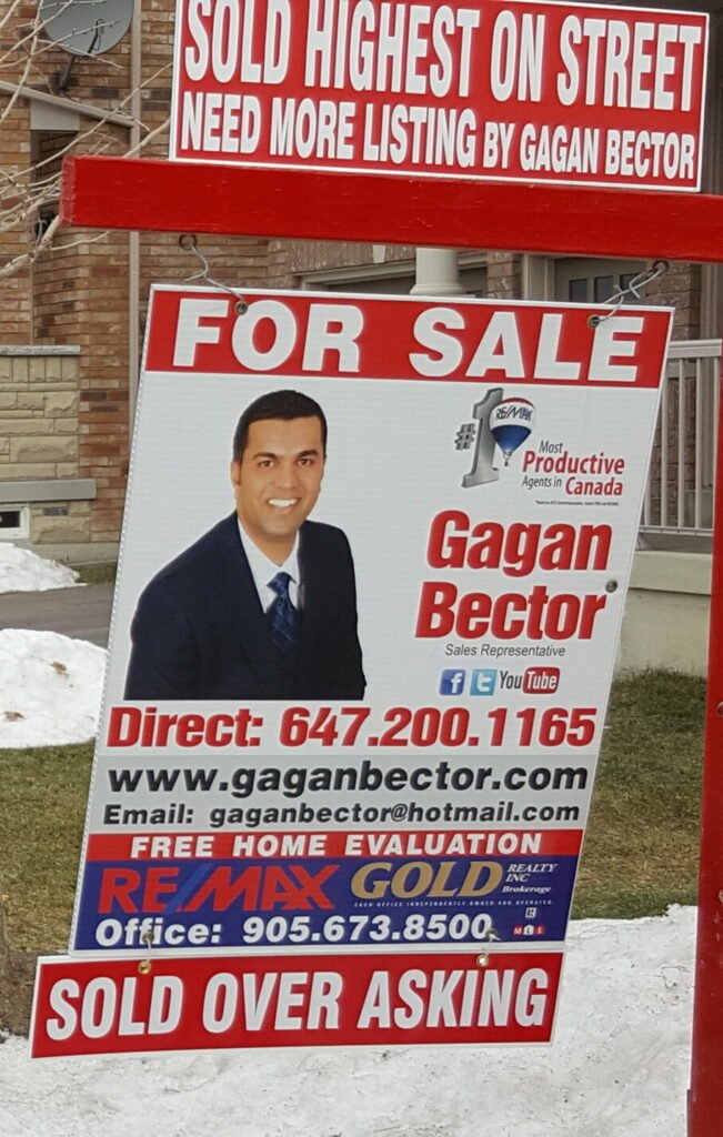 Two men standing in front of a for sale sign.