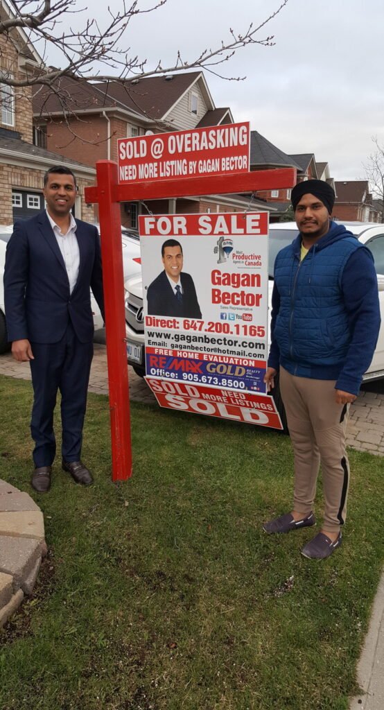 Two men standing in front of a house with a for sale sign.