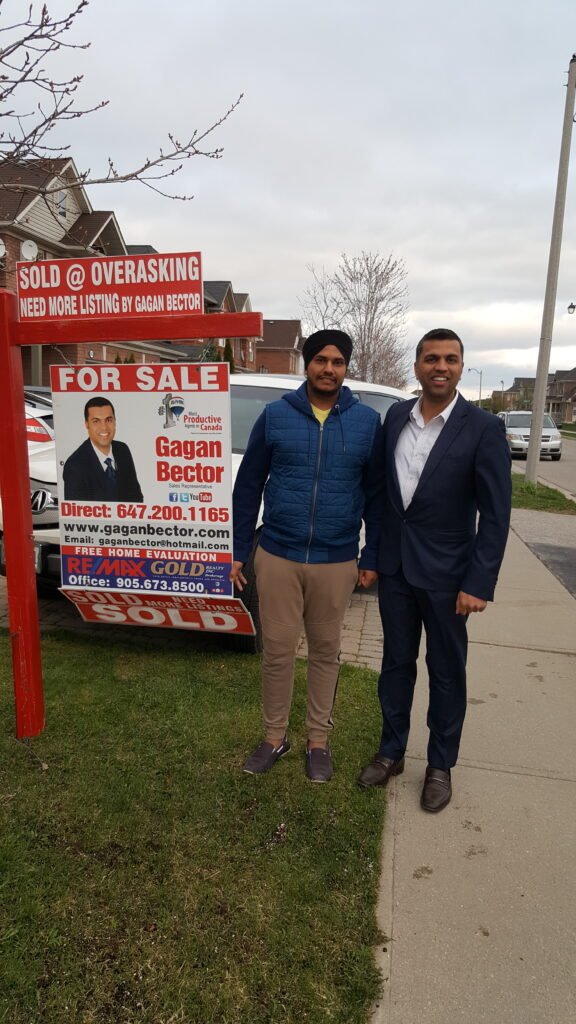Two men standing in front of a for sale sign.