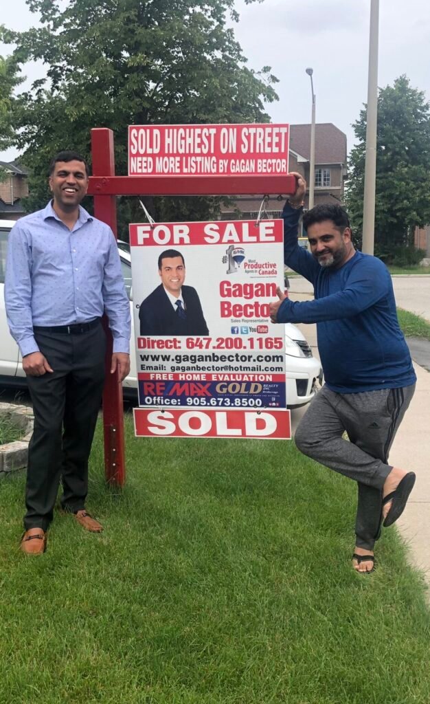 Two men standing in front of a for sale sign.