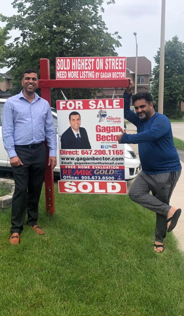 Two men standing in front of a for sale sign.
