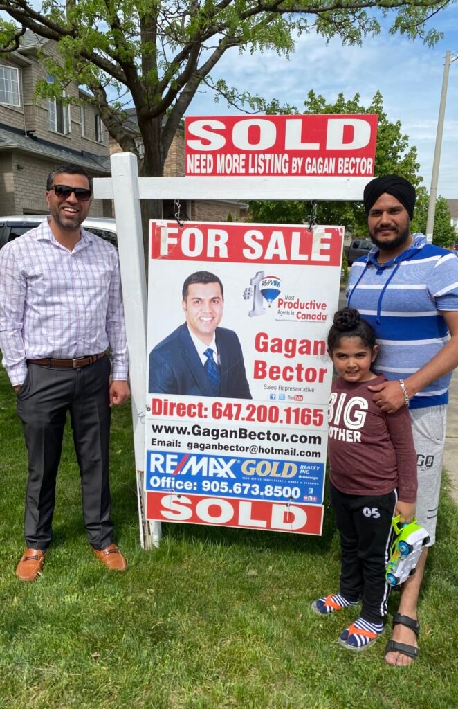 A group of people standing in front of a for sale sign.