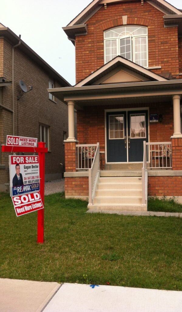 A house with a for sale sign in front of it.