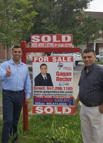 Two men standing in front of a sold for sale sign.