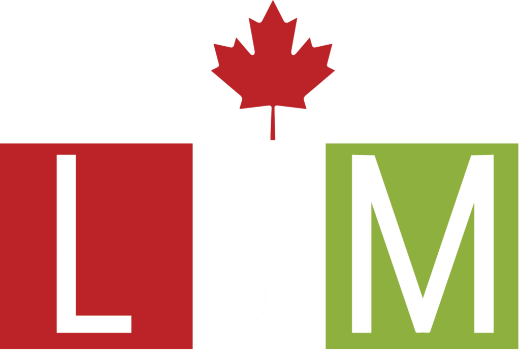 Logo with red 'L', a maple leaf, and green 'M' arranged to form the initials LJM, possibly representing LJM Developments, a brand with a connection to Canada.