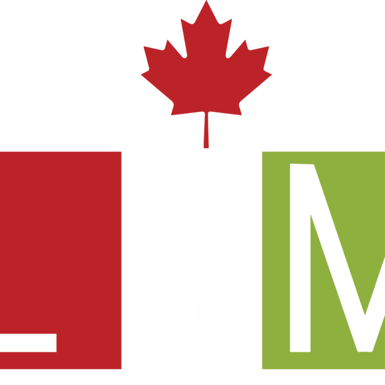 Logo with red 'L', a maple leaf, and green 'M' arranged to form the initials LJM, possibly representing LJM Developments, a brand with a connection to Canada.