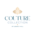 Logo for the "Couture Collection at Legacy Hill" featuring an elegant, gold, symmetrical design resembling leaves or feathers above the text. The sophisticated blue and grey font on a black background creates a luxurious and upscale look for Legacy Hill's premier collection.