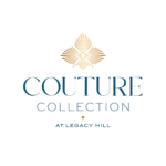 Logo for the "Couture Collection at Legacy Hill" featuring an elegant, gold, symmetrical design resembling leaves or feathers above the text. The sophisticated blue and grey font on a black background creates a luxurious and upscale look for Legacy Hill's premier collection.