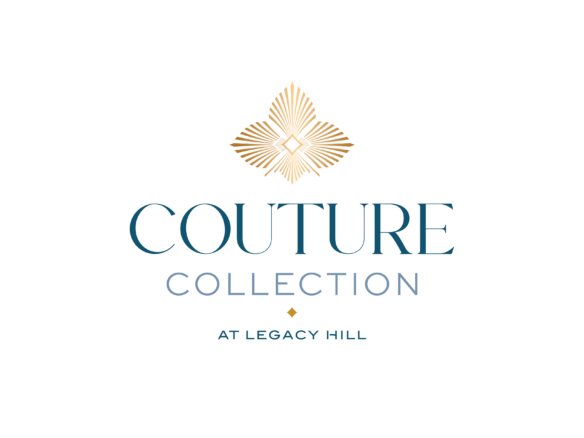 Logo for the "Couture Collection at Legacy Hill" featuring an elegant, gold, symmetrical design resembling leaves or feathers above the text. The sophisticated blue and grey font on a black background creates a luxurious and upscale look for Legacy Hill's premier collection.