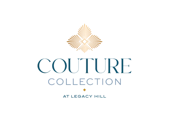 Logo for the "Couture Collection at Legacy Hill" featuring an elegant, gold, symmetrical design resembling leaves or feathers above the text. The sophisticated blue and grey font on a black background creates a luxurious and upscale look for Legacy Hill's premier collection.