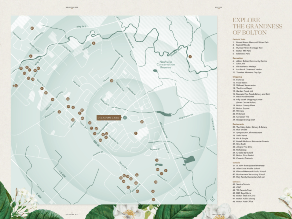 A detailed map of Bolton highlighting various points of interest with numbered markers. An index on the right lists locations corresponding to the map markers. The background features botanical elements with white flowers at the bottom. The title reads "Explore The Grandness of Bolton and Meadowlark Enclave Homes.
