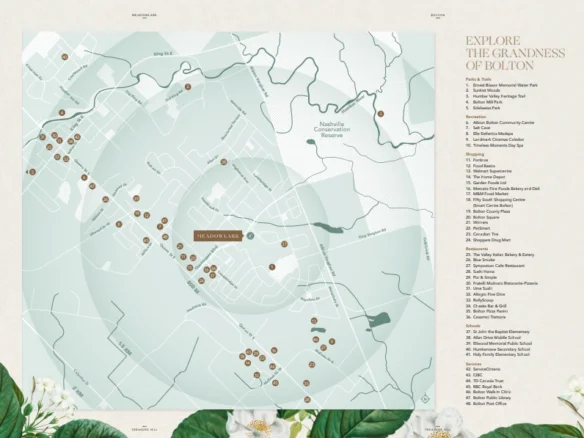 A detailed map of Bolton highlighting various points of interest with numbered markers. An index on the right lists locations corresponding to the map markers. The background features botanical elements with white flowers at the bottom. The title reads "Explore The Grandness of Bolton and Meadowlark Enclave Homes.