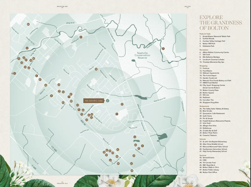 A detailed map of Bolton highlighting various points of interest with numbered markers. An index on the right lists locations corresponding to the map markers. The background features botanical elements with white flowers at the bottom. The title reads "Explore The Grandness of Bolton and Meadowlark Enclave Homes.