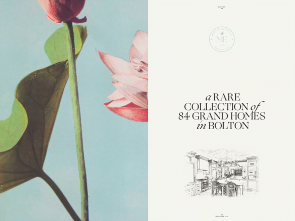 A delicate flower with green leaves is on the left half of the image, while the right half features text that says, "A RARE COLLECTION of 84 GRAND HOMES in BOLTON" alongside a sketch of a luxurious interior and a circular logo with the letters "MEADOWLARK.