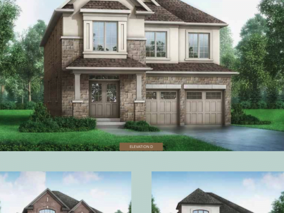A collage of three Meadowlark Enclave Homes. The top image showcases a large house with a mix of stone and siding, two garage doors, and a prominent main entrance. Below are two images of similarly styled homes, both featuring stone exteriors, gable roofs, and double garages.