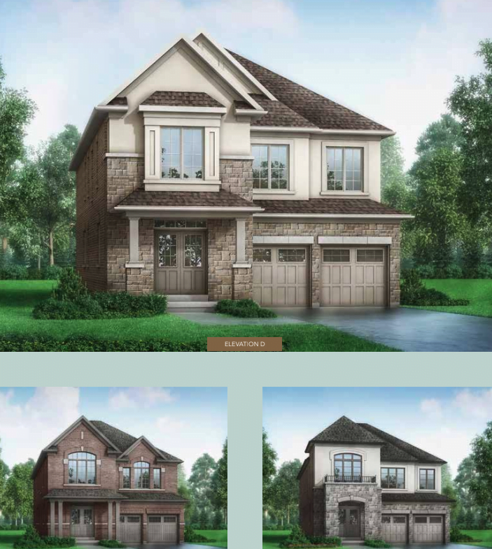 A collage of three Meadowlark Enclave Homes. The top image showcases a large house with a mix of stone and siding, two garage doors, and a prominent main entrance. Below are two images of similarly styled homes, both featuring stone exteriors, gable roofs, and double garages.