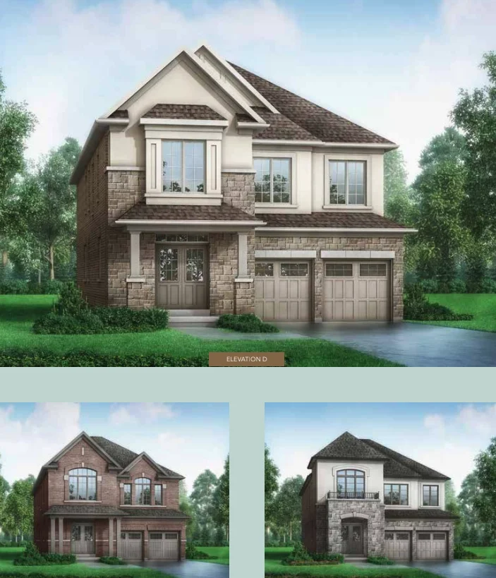 A collage of three Meadowlark Enclave Homes. The top image showcases a large house with a mix of stone and siding, two garage doors, and a prominent main entrance. Below are two images of similarly styled homes, both featuring stone exteriors, gable roofs, and double garages.